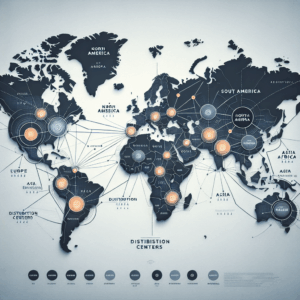 a detailed, professional map of Brenntag's global network highlighting key regions and distribution centers, in a corporate style