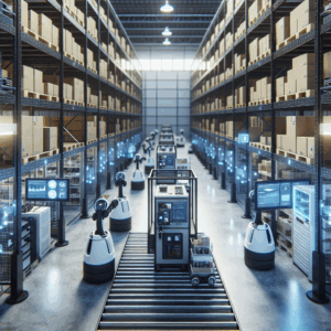 close-up van een moderne logistieke hub met geautomatiseerde magazijnrobots en geavanceerde orderpick systemen, in een professionele setting met technische apparatuur