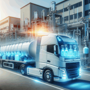 Een afbeelding van een moderne biodiesel vrachtwagen die chemische goederen transporteert, opererend op duurzame brandstoffen op een logistieke hub, in een helder en professioneel setting.
