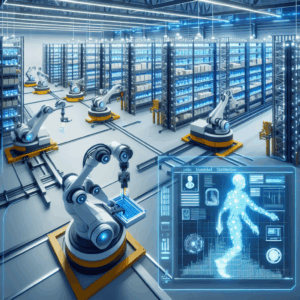 een gedetailleerde afbeelding van een geavanceerd chemisch distributiecentrum met robots die pallets laden en digitale monitoren die voorraden bijhouden in een moderne, efficiënte logistieke omgeving