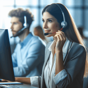 Een professionele afbeelding van een klantenservicemedewerker die via een headset met een klant communiceert, met een achtergrond van een modern kantoor en computer monitors, in een zakelijke en toegankelijke setting.