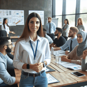 Een professionele afbeelding van een trainer die deelnemers in een moderne opleidingsruimte faciliteert, met behulp van visual aids en interactieve tools, waarbij deelnemers actief betrokken zijn.