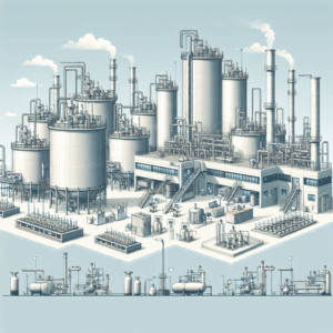 Een professionele, gedetailleerde afbeelding van een chemische fabriek met verschillende opslag tanks en laboratoria, weergegeven in een moderne industriële stijl